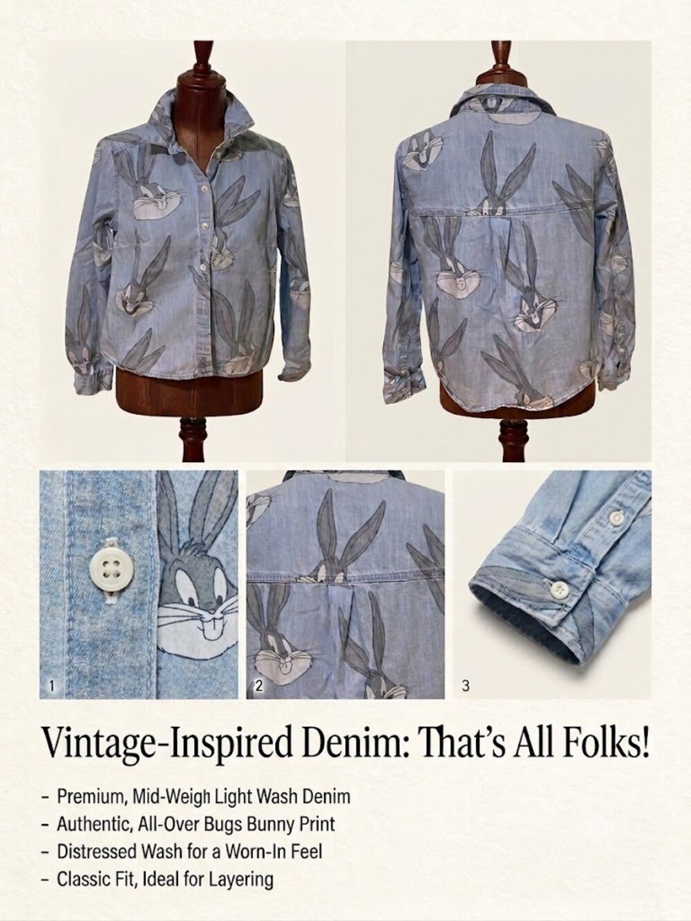 Bugs Bunny Looney Tunes All Over Print Light Wash Denim Long Sleeve Shirt -Sz 10